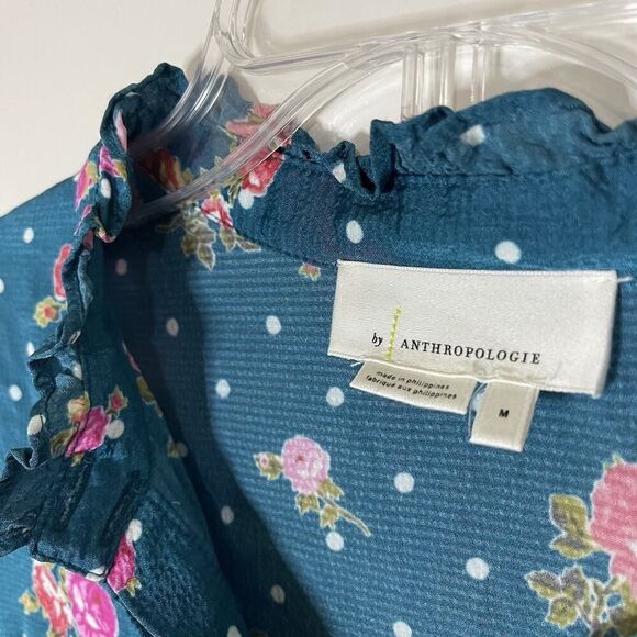 ANTHROPOLOGIE WELLESLEY BUTTON DOWN BLUE FLORAL BLOUSE TOP SIZE MEDIUM - Picture 5 of 9